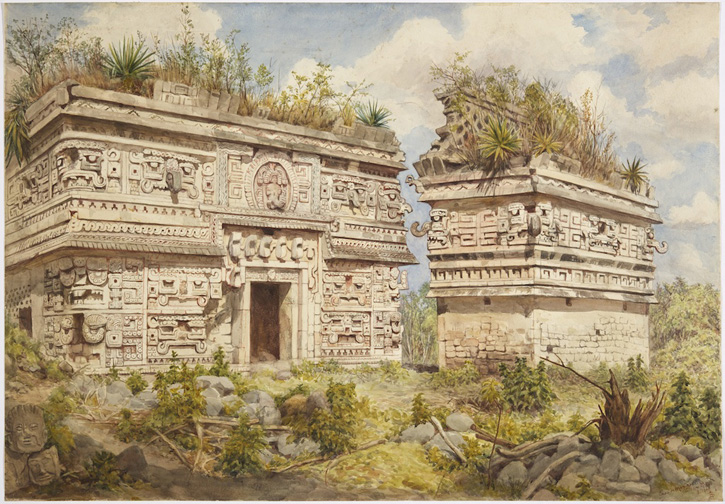 Watercolour by Adela Breton of the east façade of the ‘Nunnery’, with the ‘Church’ at Chichén Itzá, both buildings heavily decorated and with hook-nosed masks of the rain god Chac